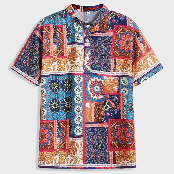 

Men Stand Collar Tribal Print Button Up Shirt, Multicolor