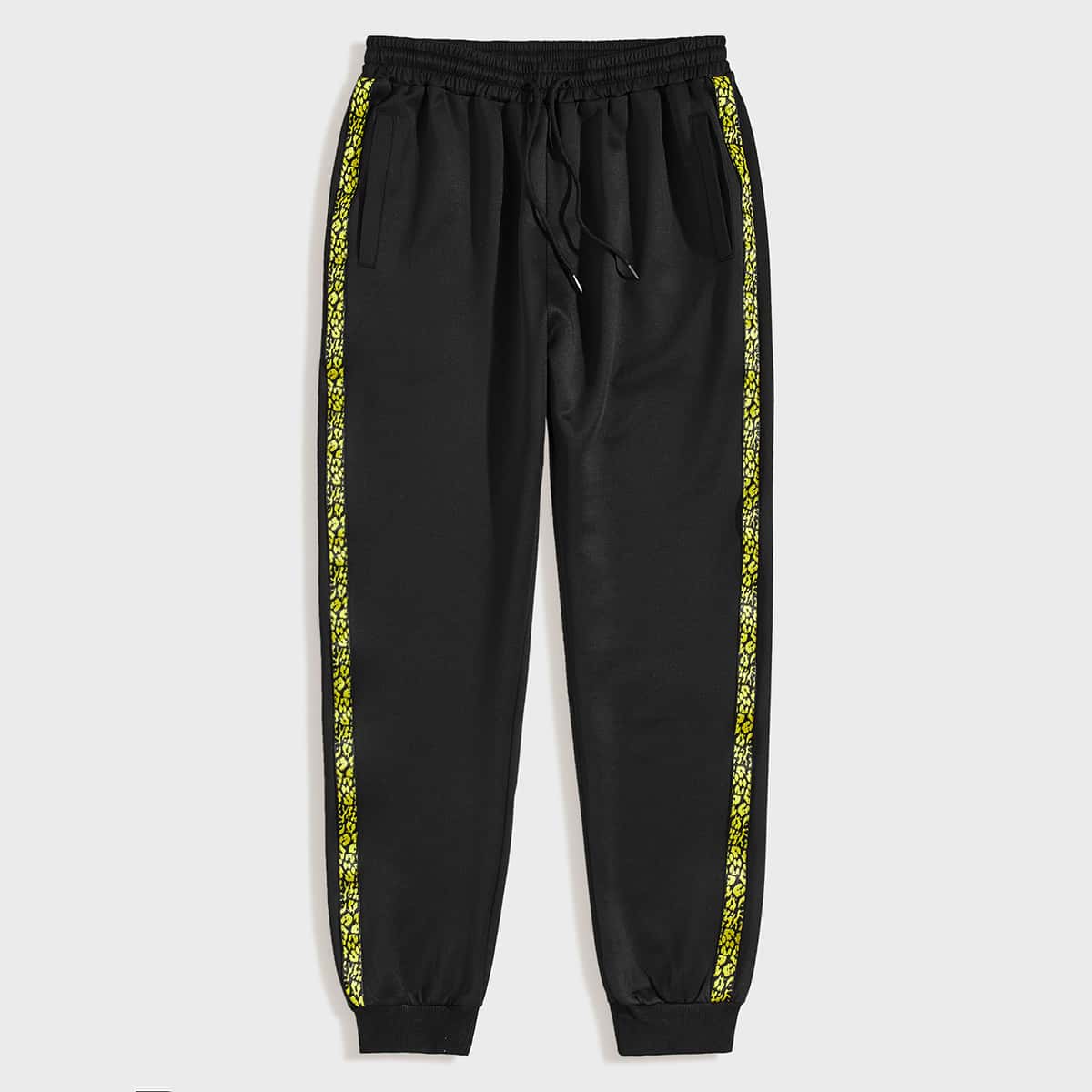 

Guys Contrast Tape Drawstring Waist Sweatpants, Black