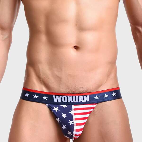 

Men Flag Print Letter Tape Waist Jockstrap, Multicolor