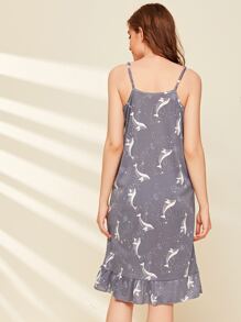 Camisón de tirante bajo fruncido con estampado de delfín con máscara de ojo - Gris - Ver 2