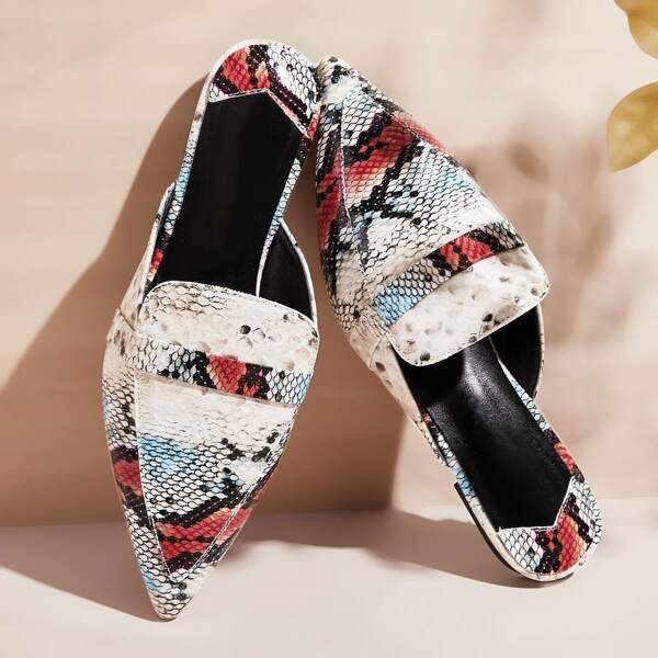 

Point Toe Snakeskin Flat Mules, Multicolor