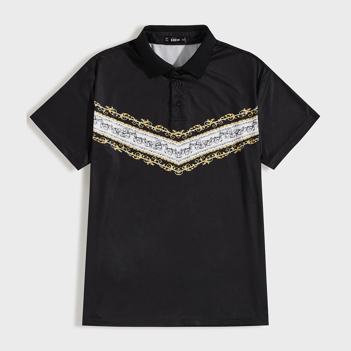 

Guys Scroll Print Chevron Polo Shirt, Black