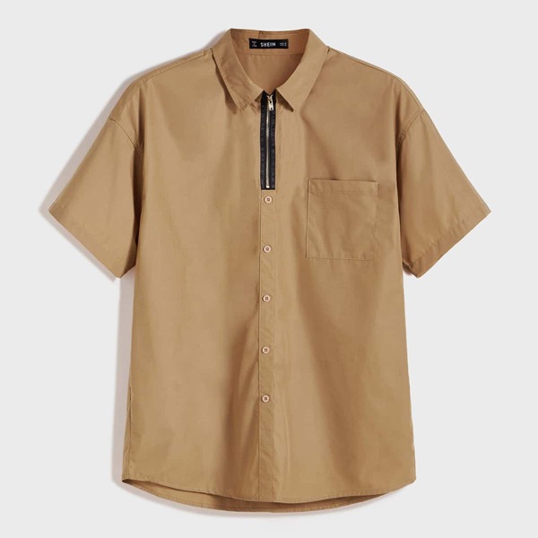 

Men Contrast Zip Half Placket Pocket Patched Shirt, Khaki