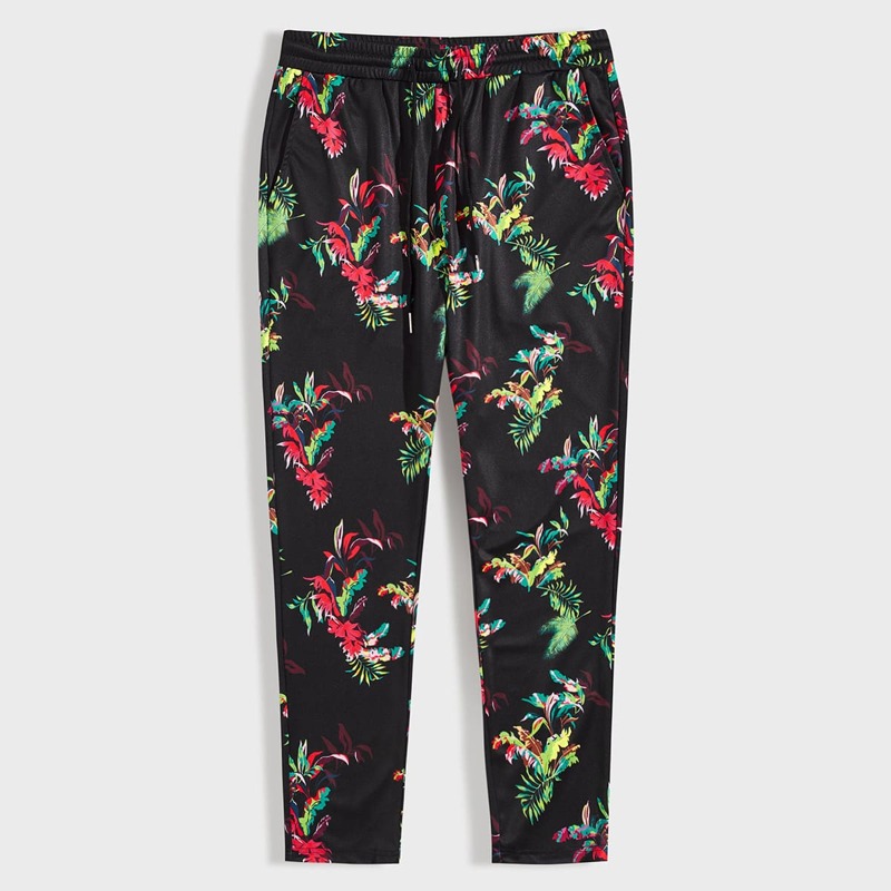 

Guys Tropical Print Drawstring Waist Pants, Multicolor