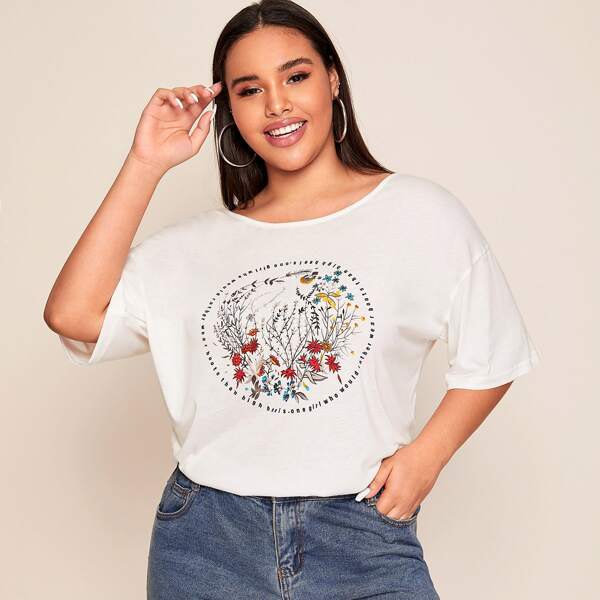 

Plus Drop Shoulder Flower & Slogan Graphic Tee, White
