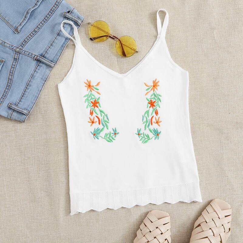 

Embroidered Botanical Soft Knit Cami Top, White