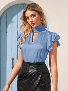 Camisa con abertura de ojo ribete fruncido de cuello alto fruncido - Azul - Ver 4