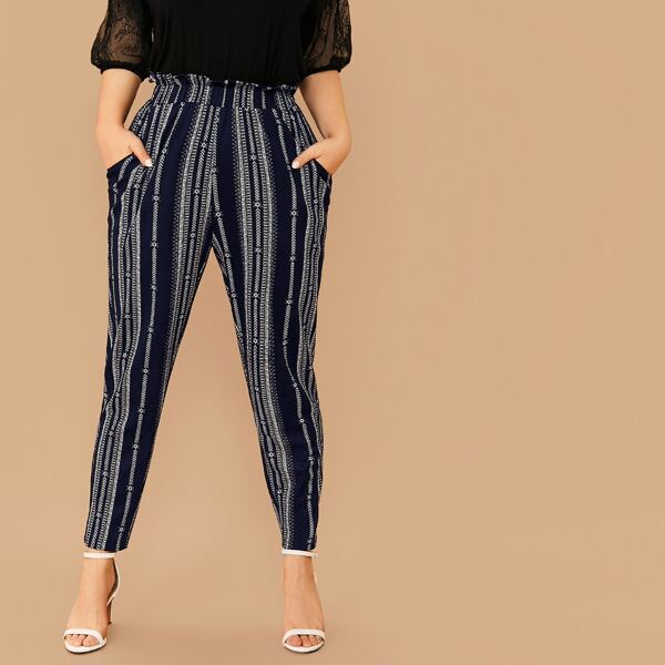 

Брюки размера плюс с присборенной талией и племенным принтом, Многоцветный