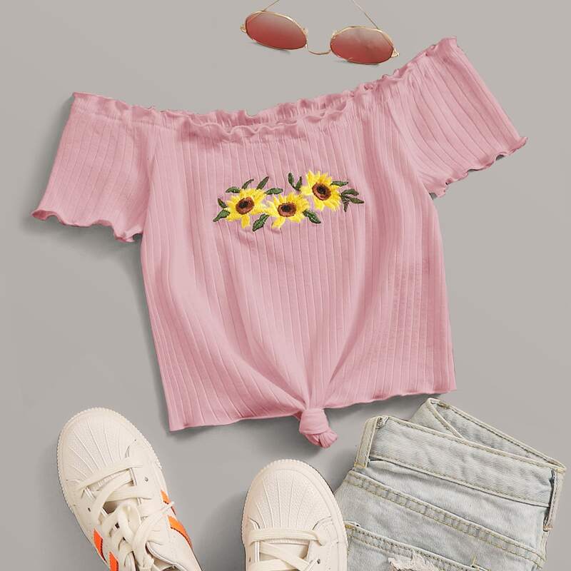 

Embroidered Sunflower Lettuce Edge Tie Hem Bardot Top, Pink