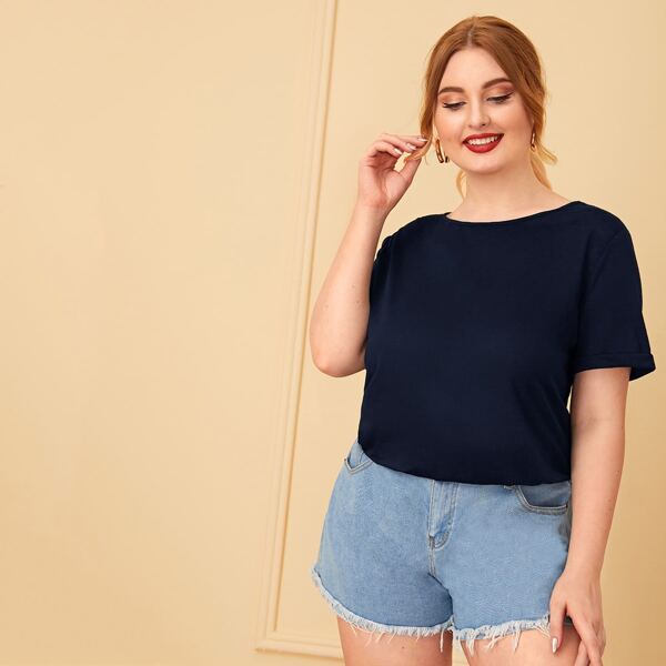 

Plus Cuffed Sleeve Solid Tee, Navy blue