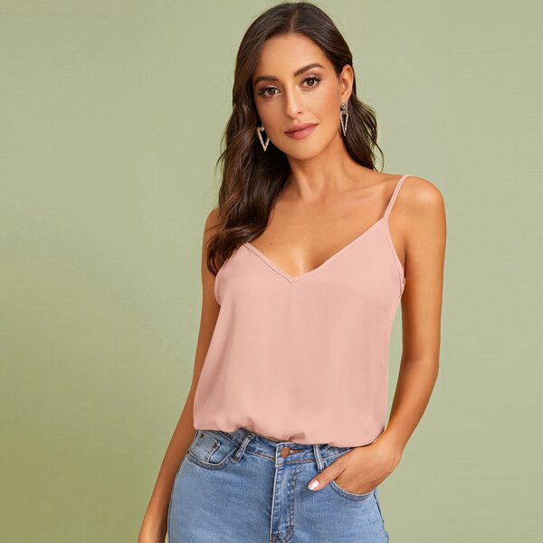 

Double V-Neck Solid Cami Top, Pink