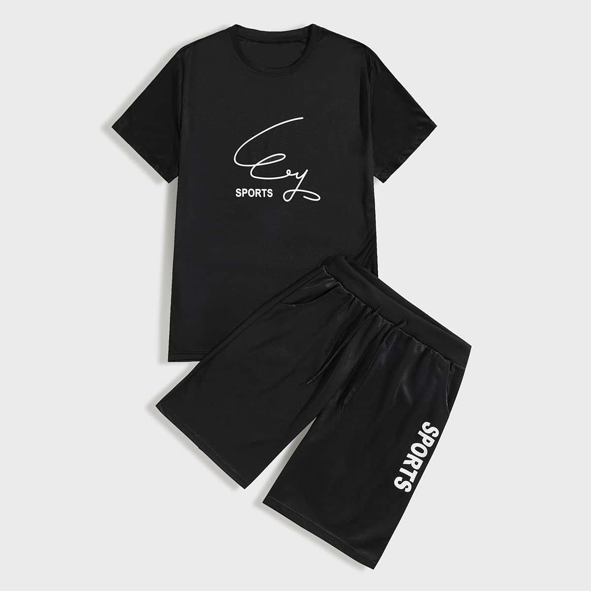 

Guys Letter Graphic Tee With Shorts, Black