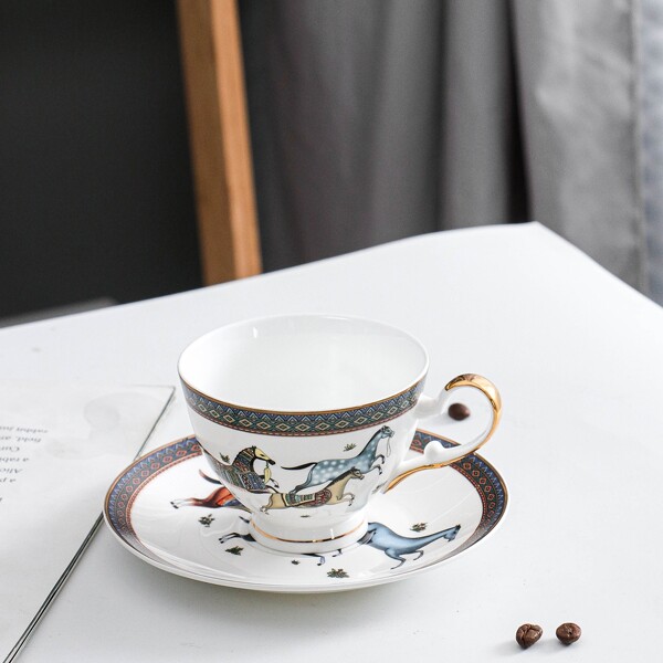

2pcs Horse Print Ceramic Cup With Saucer, Multicolor