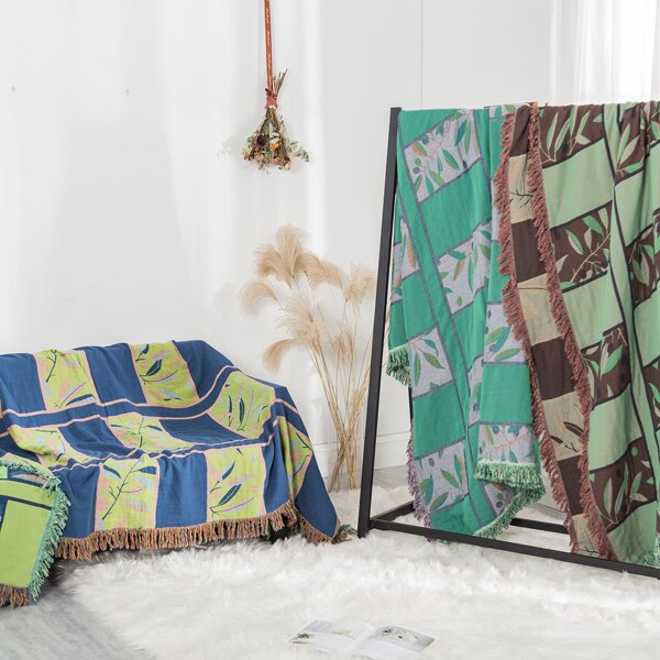

1pc Leaf Print Tassel Blanket, Multicolor