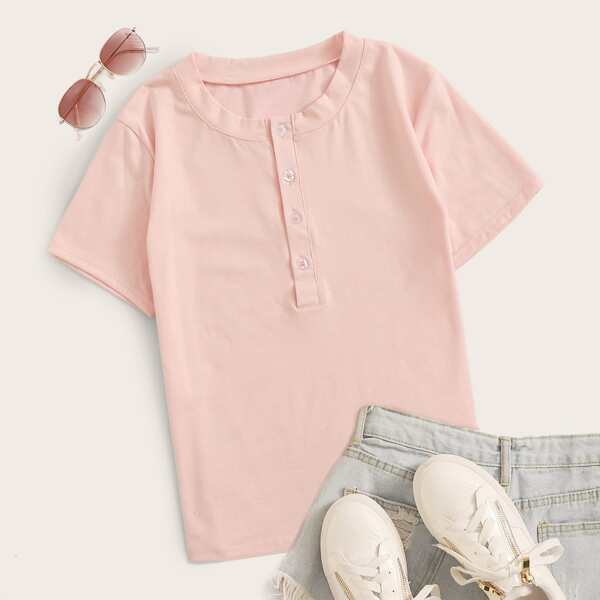 

Half Placket Short Sleeve Solid Tee, Pink