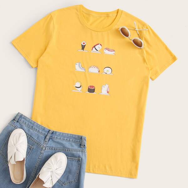 

Plus Cartoon Graphic Short Sleeve Tee, Yellow