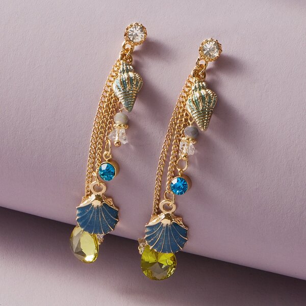 

1pair Shell & Rhinestone Drop Earrings, Multicolor