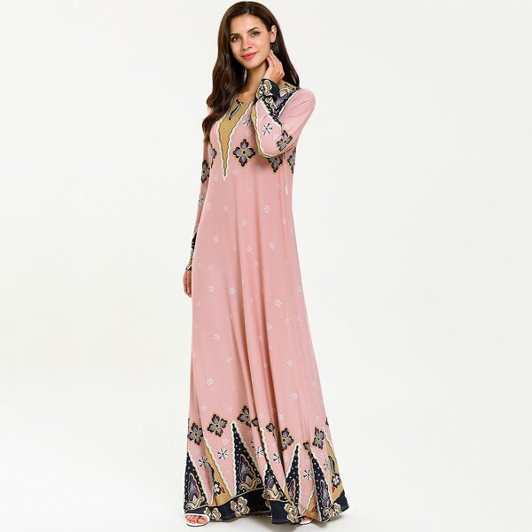 

Tribal And Floral Print Maxi Dress, Pink