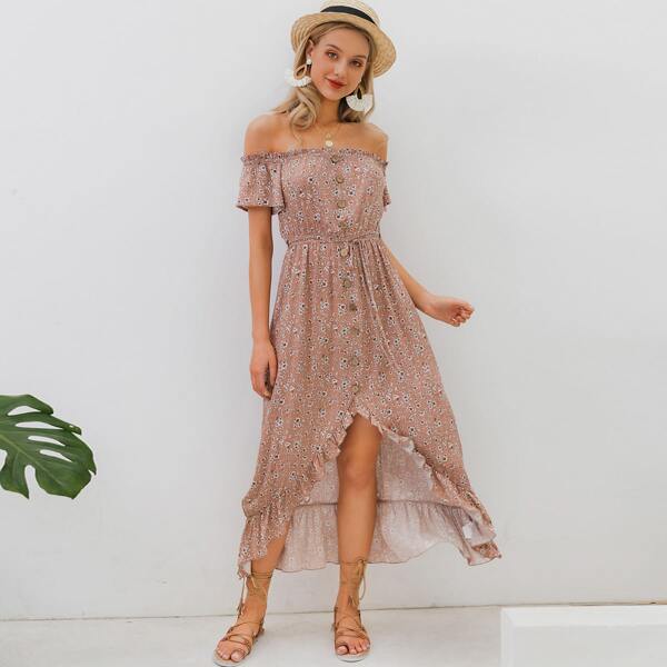 

Button Front Belted Ruffle Ditsy Floral Bardot Dress, Pink