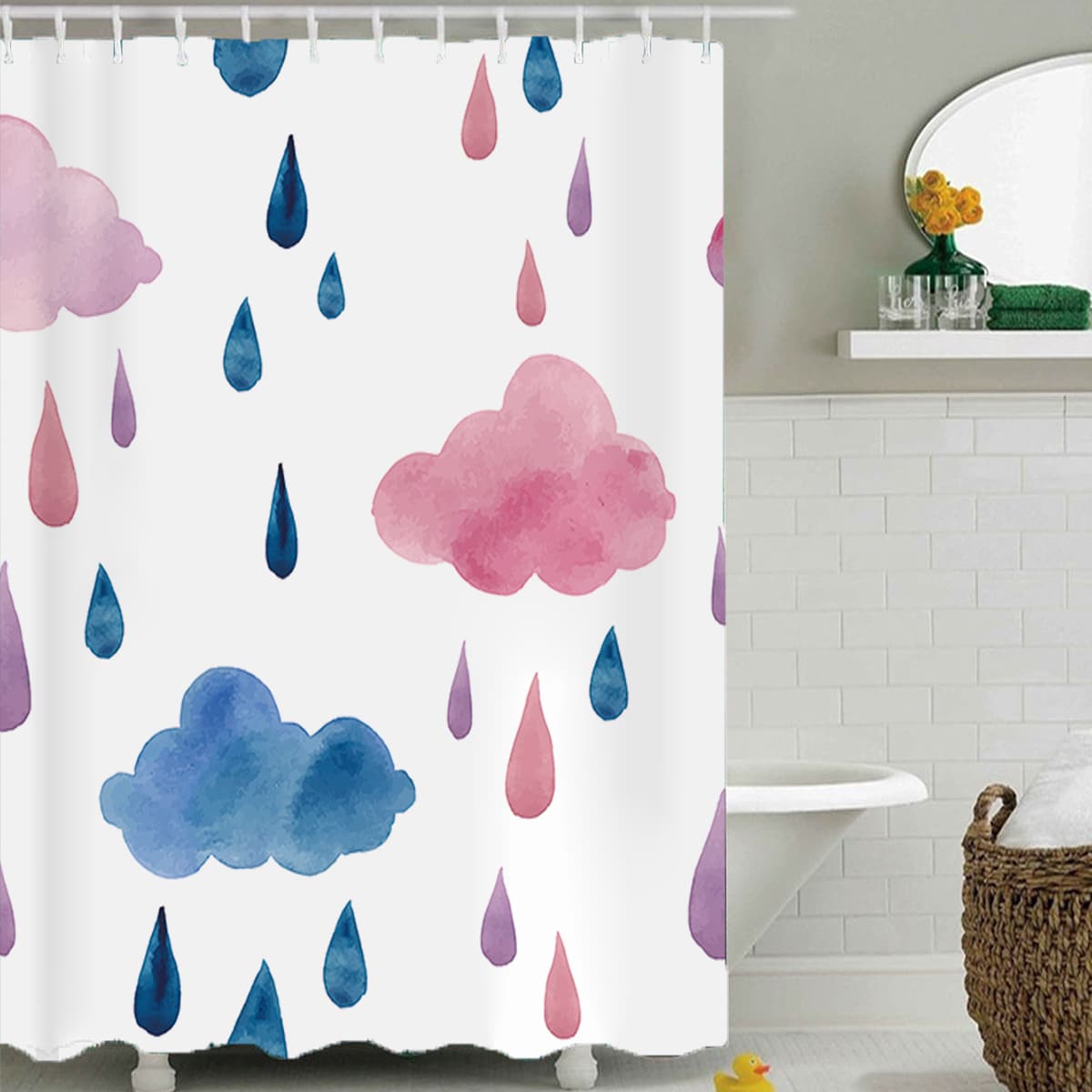 

1pc Cloud Print Shower Curtain With 12hooks, Multicolor