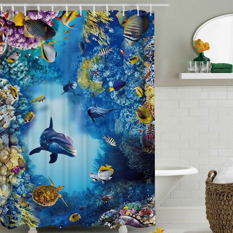 

1pc Marine Life Pattern Shower Curtain With 12hooks, Multicolor