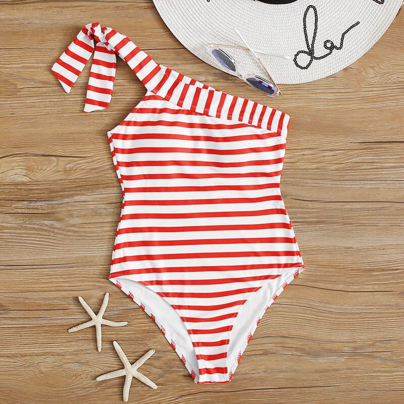 

Striped One Shoulder One Piece Swimsuit, Red