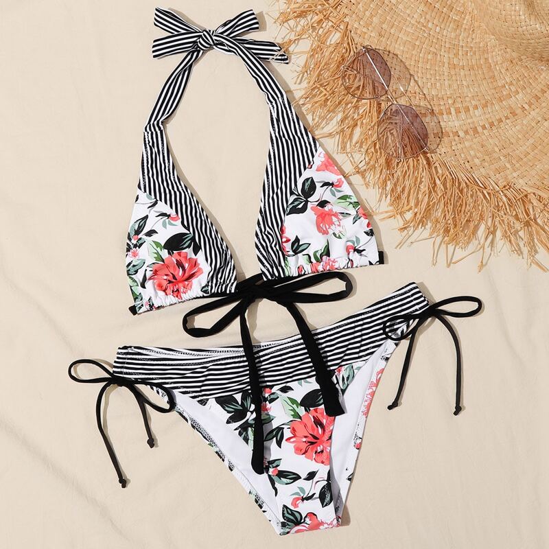 

Striped & Floral Halter Tie Side Bikini Swimsuit, Multicolor