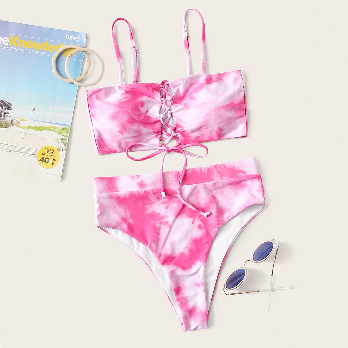 

Tie Dye Lace Up Front High Waisted Bikini Swimsuit, Pink