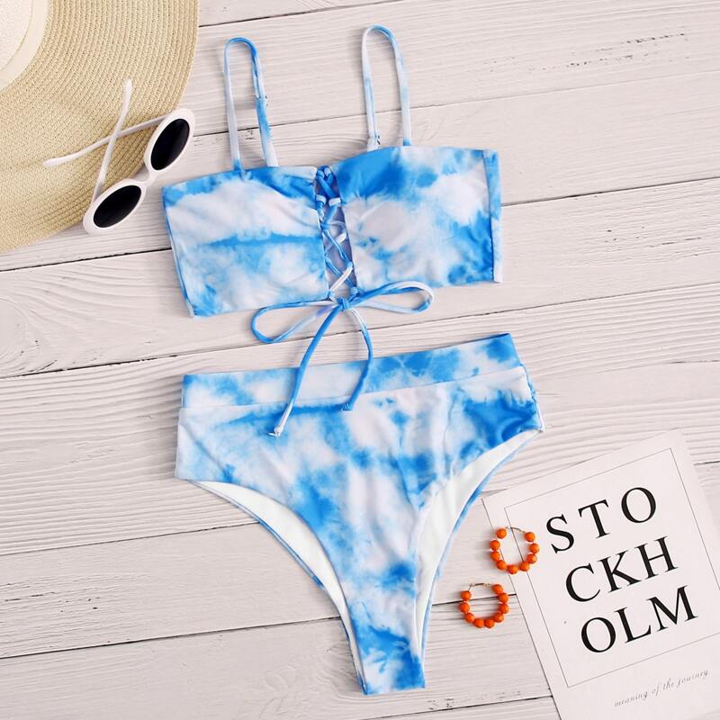 

Tie Dye Lace Up Front High Waisted Bikini Swimsuit, Blue