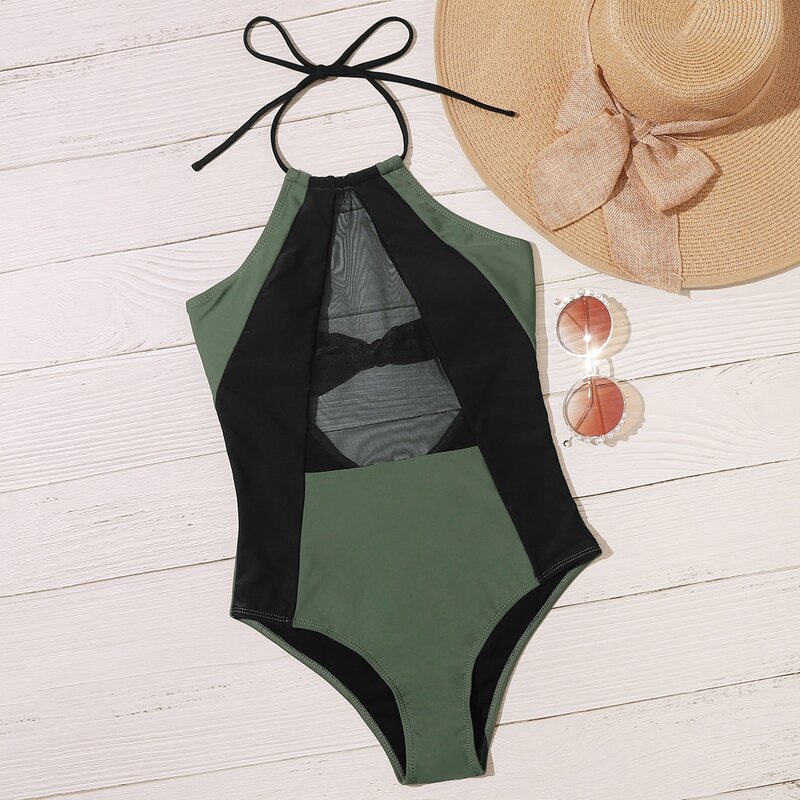 

Color-block Contrast Mesh One Piece Swimsuit, Multicolor