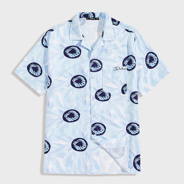 

Men Patch Pocket Sunflower Print Shirt, Blue