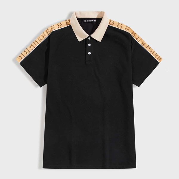 

Men Piping Detail Contrast Panel Polo Shirt, Black