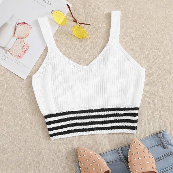 

Striped Trim Crop Knit Top, White
