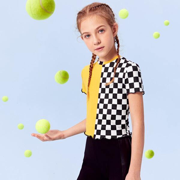 

Girls Lettuce Trim Checker Spliced Top, Multicolor