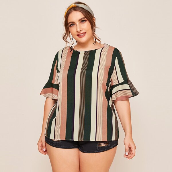 

Plus Keyhole Back Ruffle Cuff Colorblock Striped Top, Multicolor