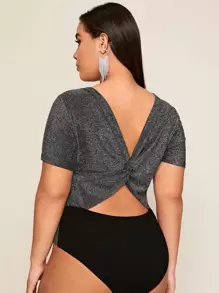 SHEIN Privé Plus Twist Cutout Back Glitter Bodysuit - Grey - View 1