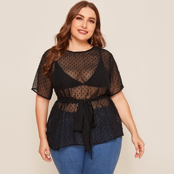 

Plus Swiss Dot Sheer Belted Top Without Bra, Black