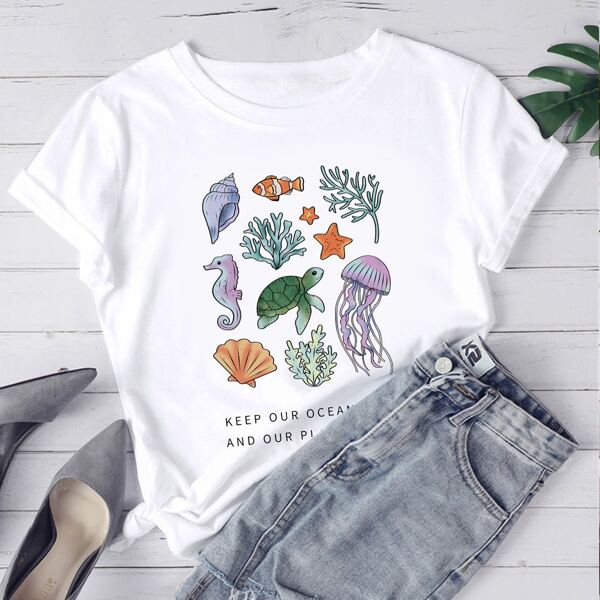 

Sea Animal & Slogan Graphic Tee, White