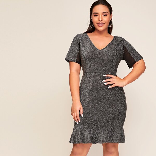

Plus Mesh Insert Sleeve Ruffle Hem Glitter Dress, Grey
