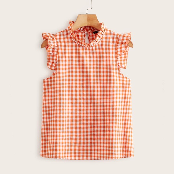 

Frilled Neck Ruffle Armhole Gingham Top, Orange