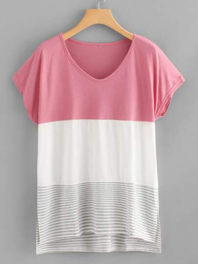 Split Hem Color Block Striped Tee