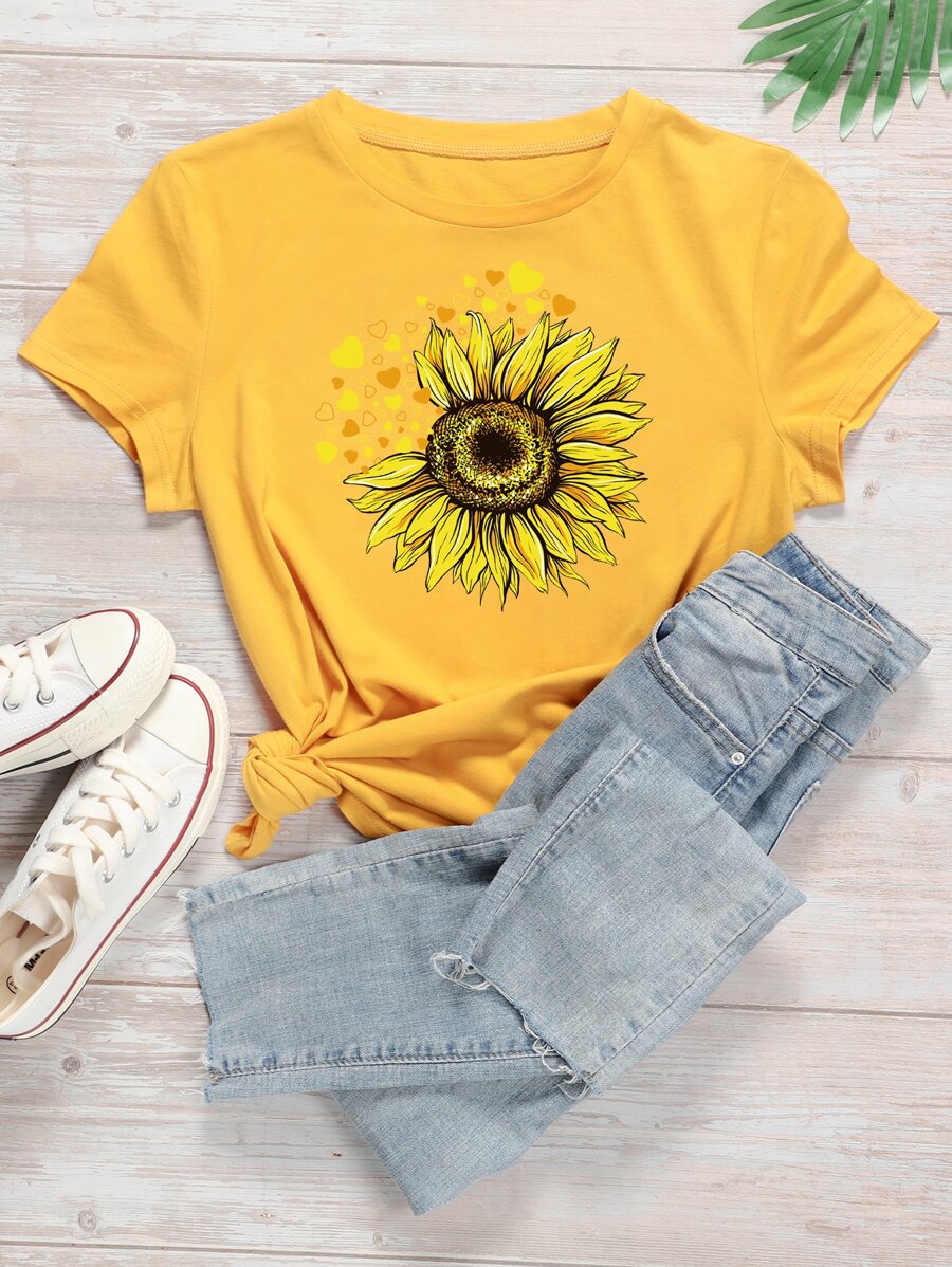 Camiseta de cuello redondo con estampado de girasol - Amarillo - Ver 1