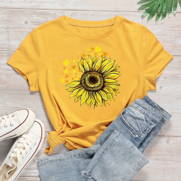 

Sunflower Print Round Neck Tee, Yellow