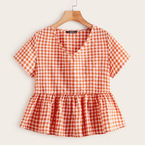 

V-neck Gingham Peplum Top, Orange