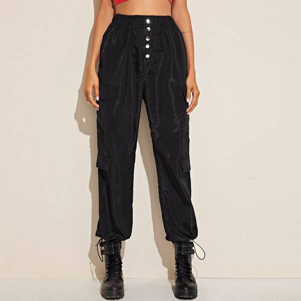 

Button Front Flap Pocket Side Drawstring Hem Wind Pants, Black
