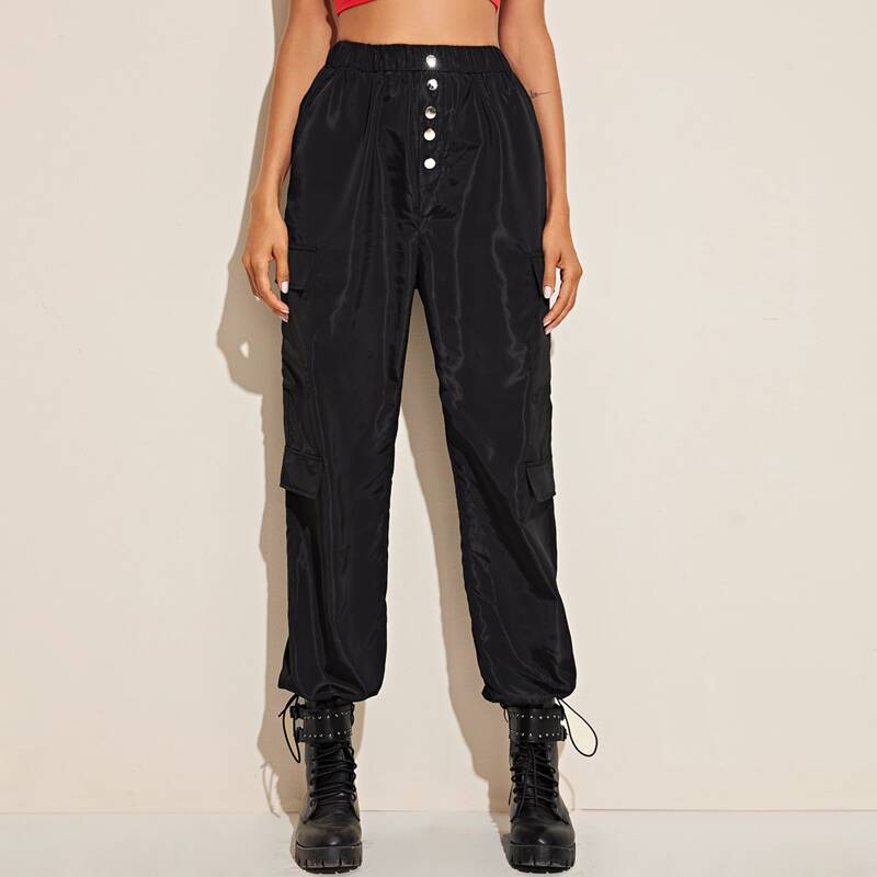 

Button Front Flap Pocket Side Drawstring Hem Wind Pants, Black