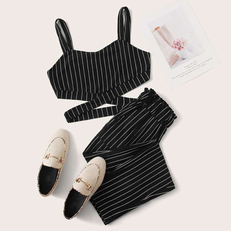 

Striped Crisscross Cami Top & Paperbag Waist Pants, Black