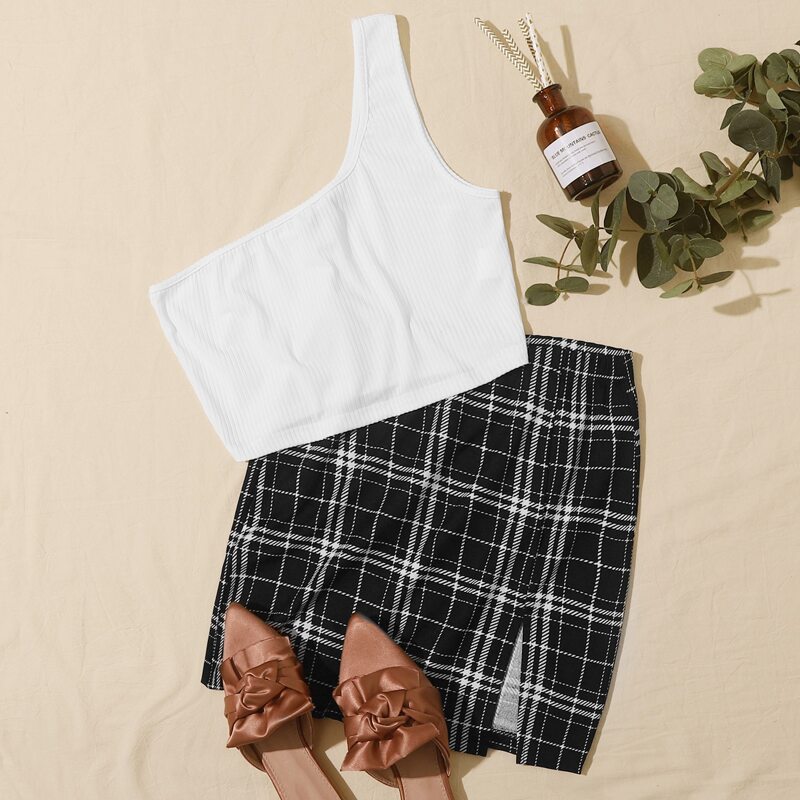 

One Shoulder Rib-knit Top & Split Hem Plaid Skirt Set, Black and white