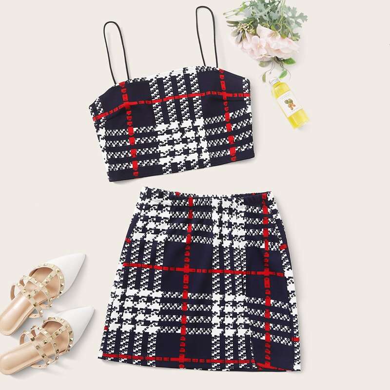 

Plaid Crop Cami Top & Skirt Set, Navy blue