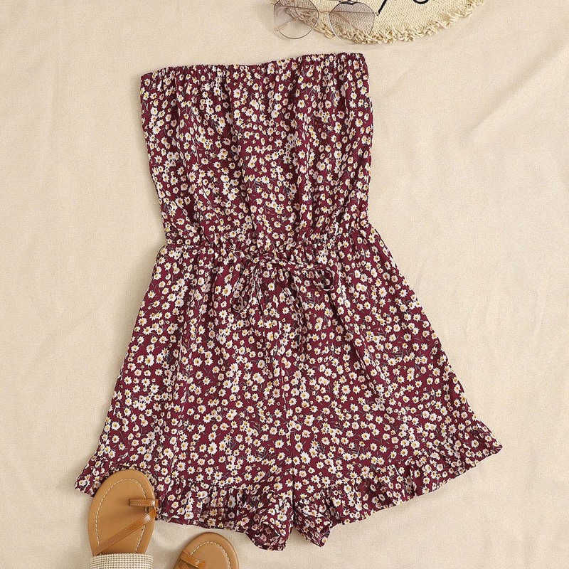 

Ditsy Floral Print Tie Waist Ruffle Hem Tube Romper, Burgundy